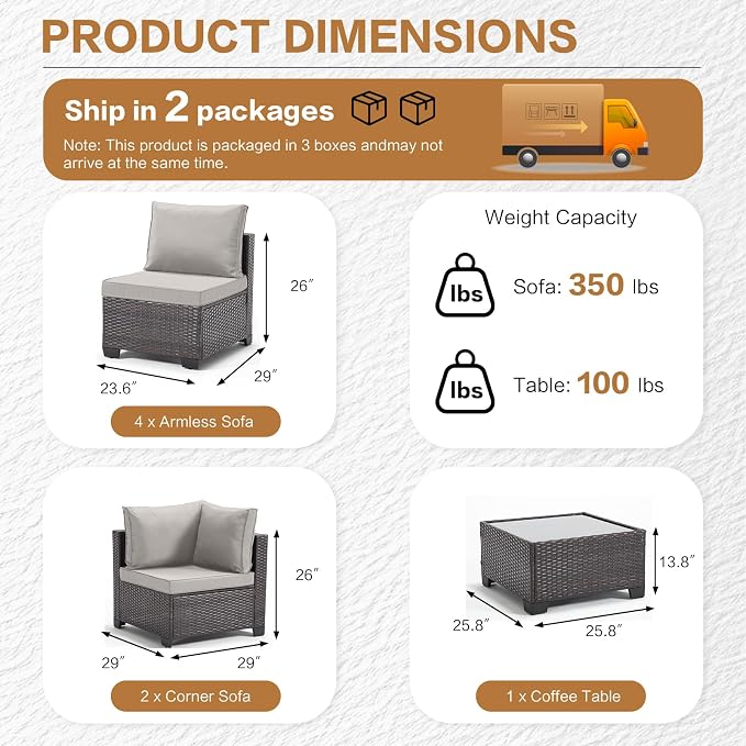 MOCHITO 7 Pcs Outdoor Patio Furniture Sets Brown Rattan Grey Cushions | All-Weather Sectional Sofa, with Glass Table, PE Rattan Wicker Patio Furniture , Washable Cushions, for Balcony Porch Garden