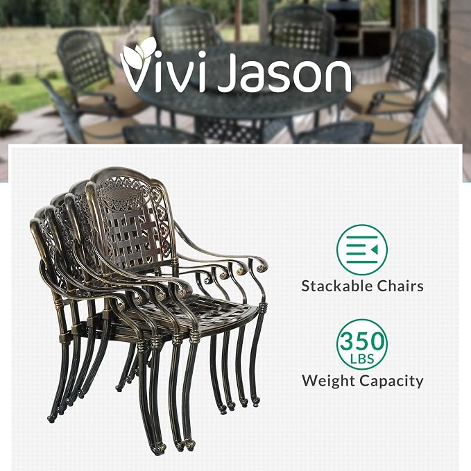 VIVIJASON 9-Piece Outdoor Furniture Dining Set, Rust-Free Cast Aluminum Patio Conversation Set, Include 8 Cushioned Chairs & 61" Round Dining Table with 31" Lazy Susan, Umbrella Hole, Red