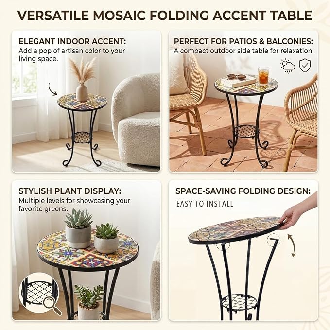 Mosaic Outdoor Side Table Small Round Patio Table Plant Stand | 21" Accent End Table with 14" Ceramic Tile Top for Small Spaces Porch Pool Garden Decor Indoor Living Room Bedroom Balcony