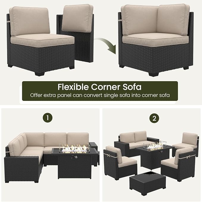 LayinSun 13 Pieces Outdoor Patio Furniture Set with 44" Fire Pit Table Rattan Sectional Sofa Conversation Sets