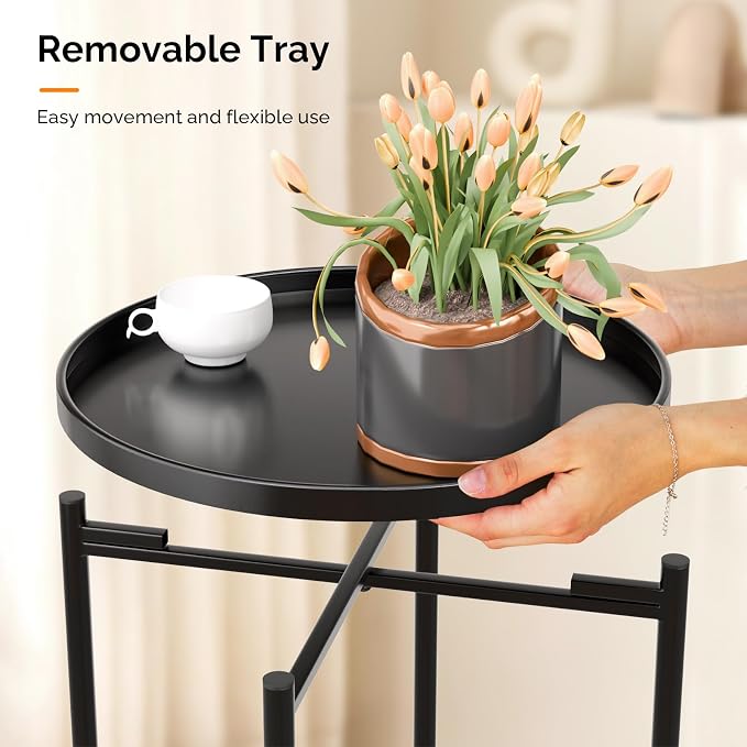 VINGLI Round Metal Side Table with Removable Tray, Outdoor Patio Coffee Table, Waterproof End Table for Small Spaces, Outdoor Patio, Living Room, Bedroom, Balcony (X-Brace & Non-Slip Pads) (1, Black)