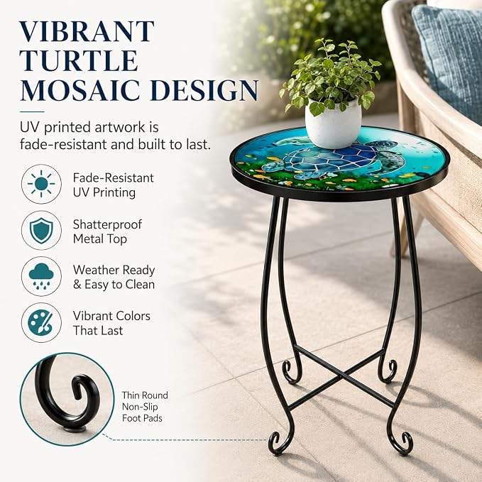 2-Pack 15 Inch Tall Mosaic Patio Side Tables Style, Metal Folding Turtle Table Set, Shatterproof Outdoor Patio Table for Porch Deck, Rust Resistant Small Garden Table (Set of 2)