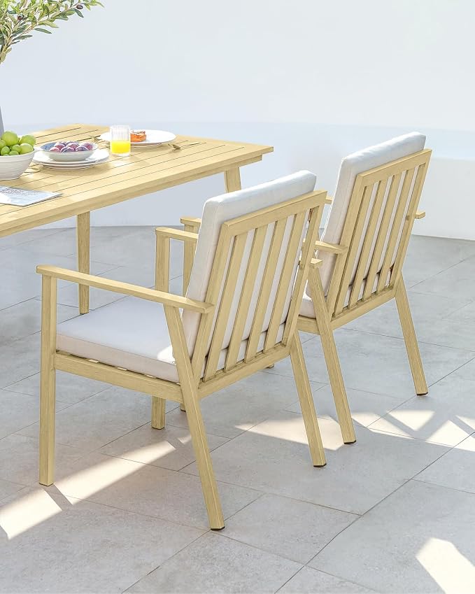 Never-Rust Outdoor Patio Dining Chairs, 2 Pieces Outdoor Aluminum Dining Chairs with Thickened Cushions, Patio Dining Furniture Chairs Set for Garden, Decks, Porch, Pool, Maple Wood