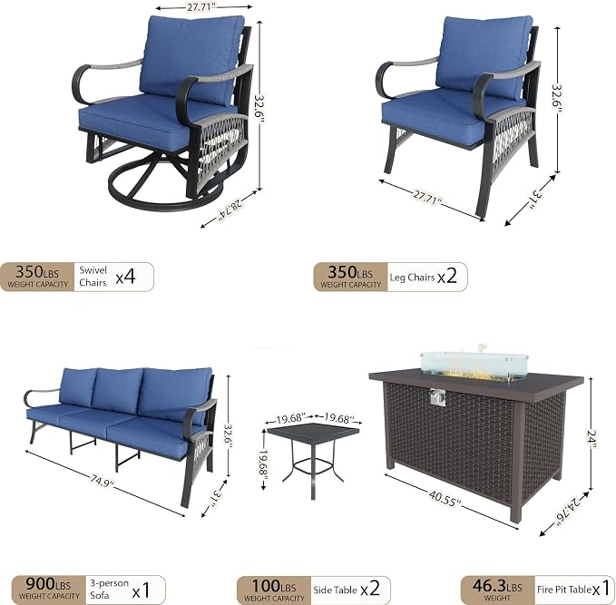 10 Pieces Patio Furniture Set, Metal Outdoor Conversation Sets with Fire Pit Table and Swivel Chairs for Backyard Garden Deck Porch Poolside (Thick Blue Cushions)