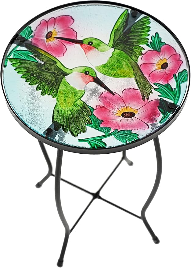 Home-X Hummingbird Glass Side Table with Iron Stand, Hand-Painted Accent Table and Patio Decor, Metal and Glass Table for Garden or Front Porch, 17 ¾ " L x 11 ¾ " D