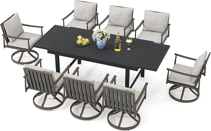 HAPPATIO 9-Piece Aluminum Patio Dining Set,Aluminum Outdoor Dining Set with Cushions,8 Swivel Chairs with Expandable Table with Umbrella Hole for Lawn, Garden, Backyard