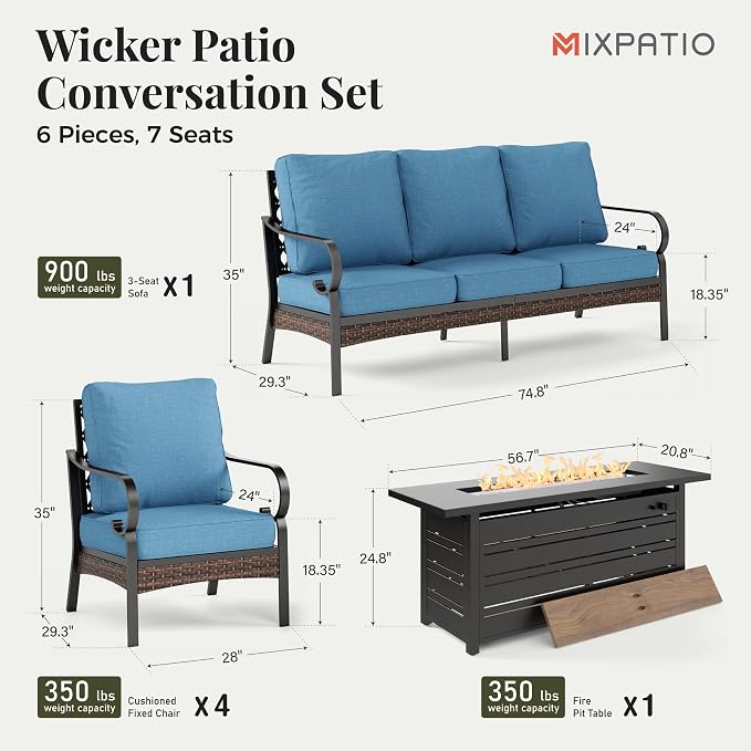 MIXPATIO Patio Furniture Set with Fire Pit Table, Metal Outdoor Conversation Set with 5.75'' Extra Thick Cushion, 4 Leg Chairs, 3-Seat Sofa and Gas Fire Pit Table, Navy Blue
