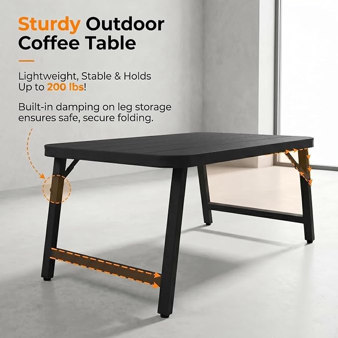 Outdoor Folding Coffee Table, 35.43 × 17.72 × 15.35 Inch Foldable Iron Patio Table, Weather-Resistant, No Assembly Required Black