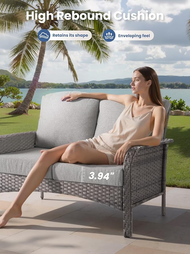 4-Piece Outdoor Patio Furniture Set with Coffee Table, Outdoor Conversation Wicker Sofa with Thickened Cushions, Rattan Couch for Deck Yard Poolside, Dark Grey