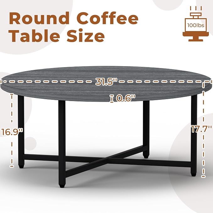 FAMIDGE Coffee Table, 31.5" Large Round Coffee Table for Living Room, Center Tables for Family & Office Use, Outdoor Coffee Table Round, Gray(31.5" D x 17.7" H)