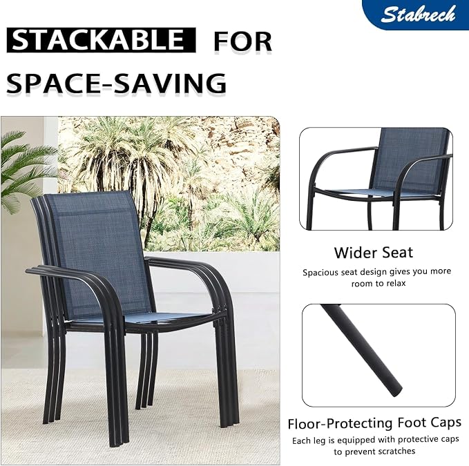 9 Pieces Patio Dining Set for 8, Dark Blue Patio Stackable Chairs and Black Round Table Set of 8, Outdoor Furniture Set with Sling Support for Outside, Garden