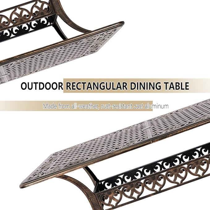 Grepatio Patio Dining Table Outdoor Cast Aluminum Rectangular Table Weather-Resistant People Party Large Table with 2" Umbrella Hole for Lawn Backyard Garden, Black and Bronze 59.06“x35.24"x28.35"