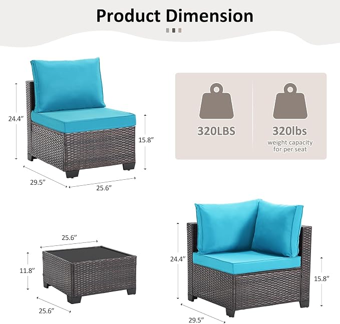 ANJ 3 Piece Outdoor Wicker Patio Furniture Set, Modular Loveseat Sofa with with Glass Top Coffee Table, All-Weather Rattan Conversation Couch Set for Balcony, Backyard, Dark Brown Wicker-Turquoise