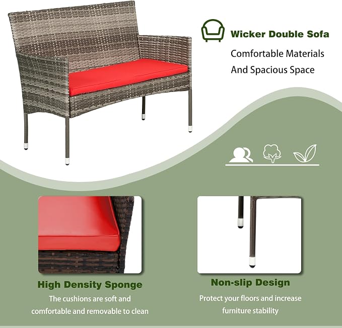PayLessHere Outdoor Furniture Set 4 Pcs Modular Patio Furniture Set Water Resistant Conversation Set with 3 Rattan Chairs 1 Tempered Glass Topped Table for Patio Poolside, Gray Wicker/Red Cushions
