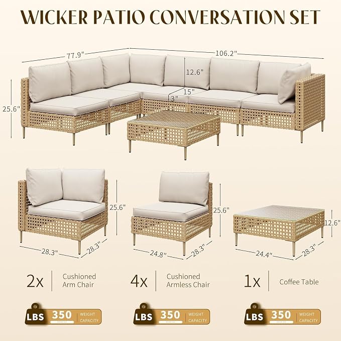 7 Piece Boho Wicker Patio Furniture Set with Fluffy Black Cushions and Coffee Table, Modular Outdoor Couch Conversation Set for Deck, Garden, Backyard, Balcony, All Weather Sectional Lounge Seating(Bl