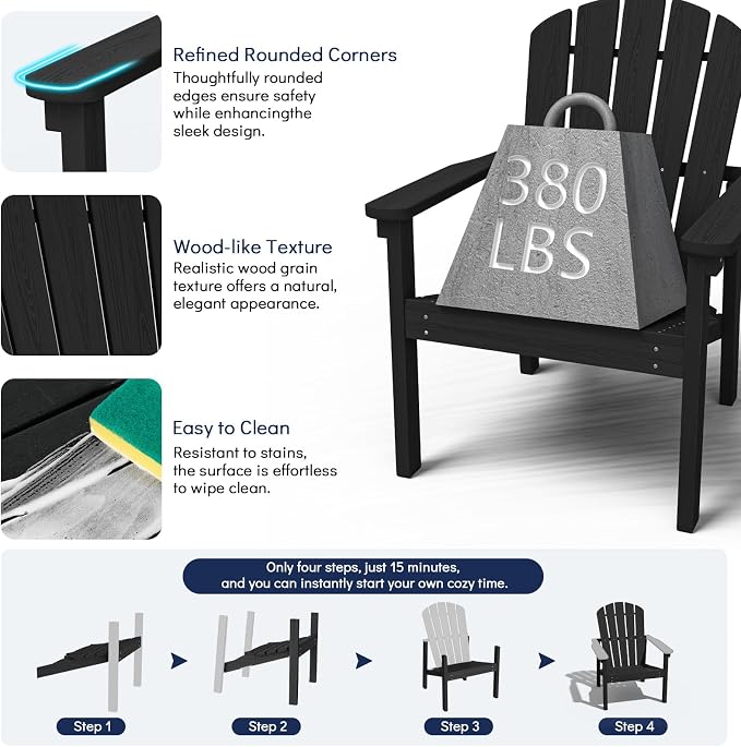 nevilywood Compact Stackable Adirondack Chairs Set of 2,HDPE,380lbs,Black | 26.3" Wide HDPE.All-Weather Outdoor.Maintenance-Free.Stackable for Storage.25°Curved Straight Backrest.Quick Assembly