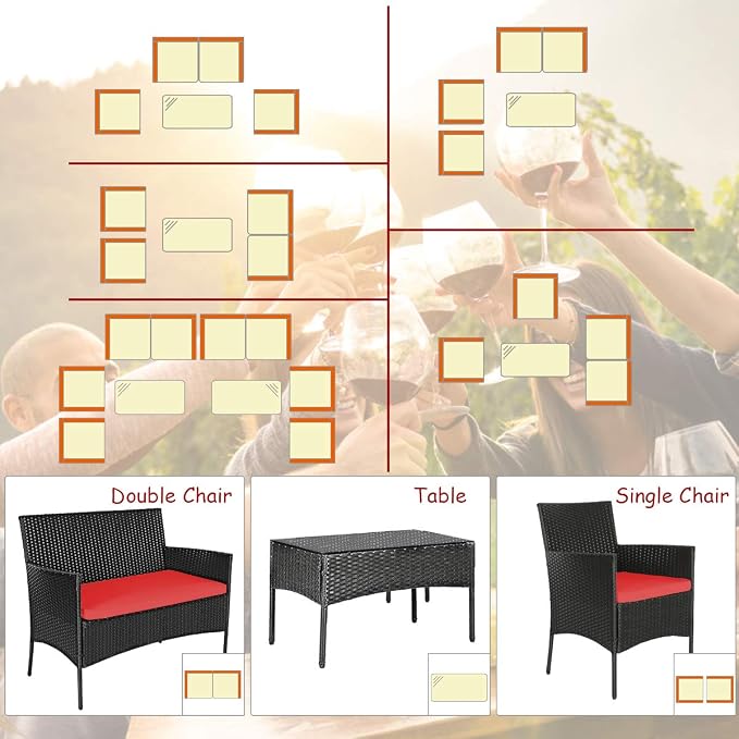 DORTALA Wicker Patio Furniture Set 8 Piece, Rattan Outdoor Table and Chairs Set with Loveseat, Cushions, All Weather Balcony Conversation Sofa Set for Porch, Backyard, Deck, Red
