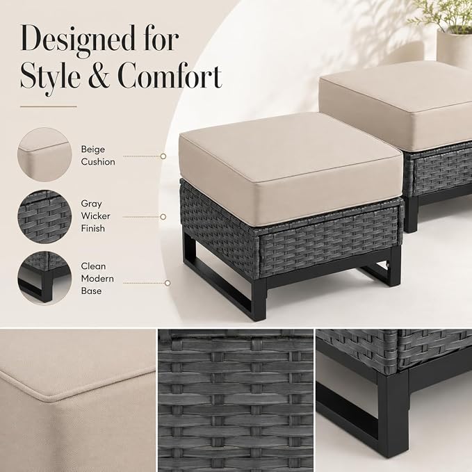 Outdoor Ottomans Set of 2, PE Wicker Patio Footstools with Removable Cushions, All-Weather Rattan Outdoor Ottoman Set for Patio, Backyard, Garden, Porch, Beige