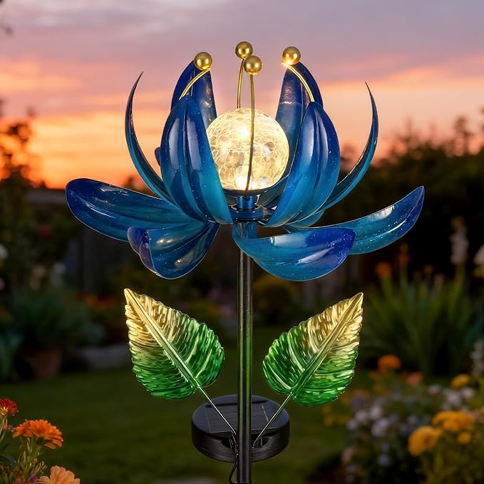 AIINY Solar Garden Lights Metal Flower Decor, Colorful Lotus Pathway Spinning Windmill with LED Cracked Crystal Ball Outdoor Decorative Stake Lighting Waterproof Flower Sculpture for Patio Yard