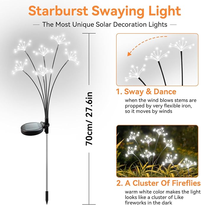 Solar Garden Lights 2 Pack Waterproof Solar Swaying Starburst Light Outdoor Lights for Yard Patio Walkway Pathway Party Wedding Christmas Decoration, White