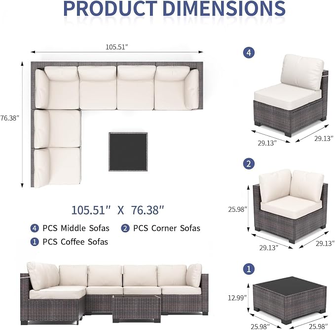 7 Piece Patio Furniture Set, Outdoor Modular Wicker Sectional Couch with Tempered Glass Coffee Table, All-Weather Rattan Conversation Set with Washable Cushions for Backyard, Garden, Deck