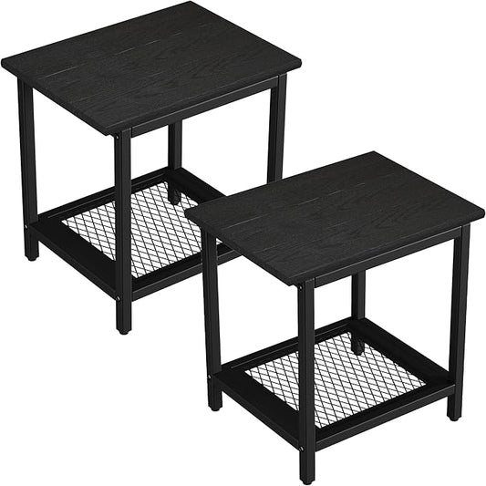 2-Tier Outdoor Side Table with Storage, Weather Resistant Patio End Table, HDPS Small Accent Table for Deck, Garden, Pool, Backyard, Black 2pcs