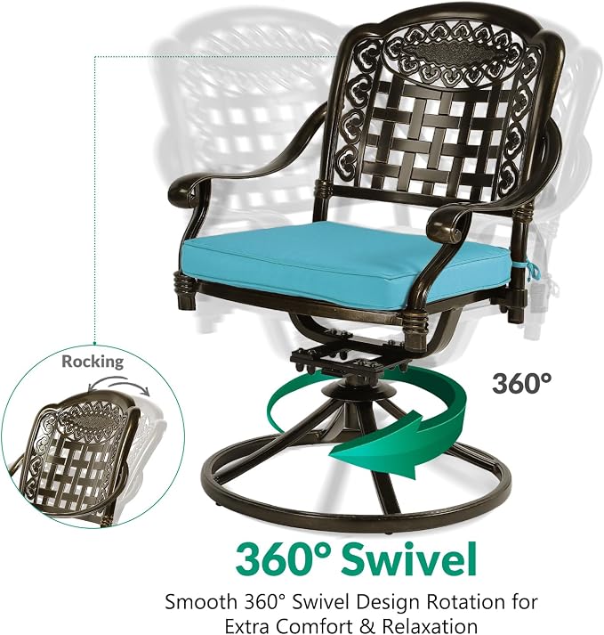 VIVIJASON 9-Piece Outdoor Patio Furniture Dining Set, All-Weather Cast Aluminum Conversation Set, Include 8 Swivel Dining Chairs and an Oval Table with Umbrella Hole, Ocean Blue Cushion