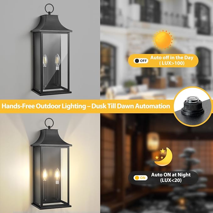 21In Outdoor Wall Light Fixture Wall Mount Dusk to Dawn Exterior Lighting Fixtures, Outside Light Fixtures for House Front Door Porch Coach Garage Lights Outdoor Wall Black E12 Socket