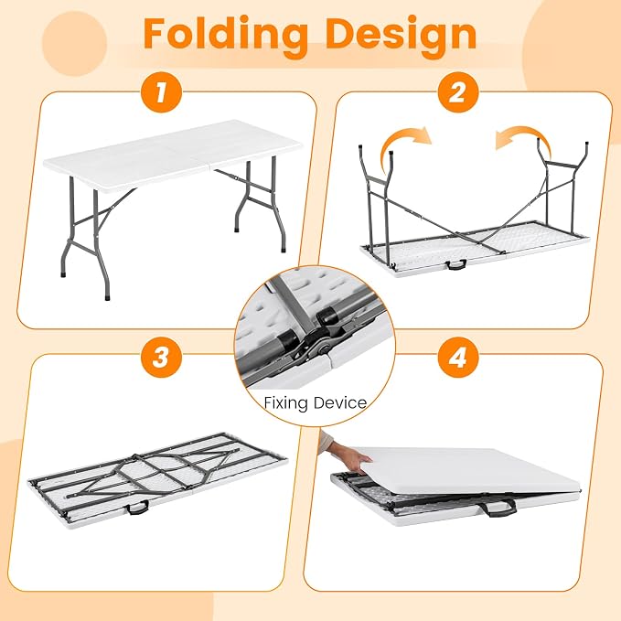 Giantex 5 FT Folding Table, HDPE Foldable Dining Table for 6, Indoor Outdoor Use for Party Banquet Wedding Picnic Camping BBQ, Fold-in-Half Portable Space Saving Design (White)