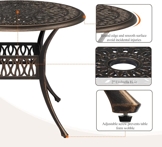 VINGLI 35" Patio Dining Table, Cast Aluminum Round Outdoor Dining Table with Umbrella Hole Outdoor Bar Table, Outdoor Bistro Table Outdoor Furniture Garden Table (35.4”Diax29.5”H)