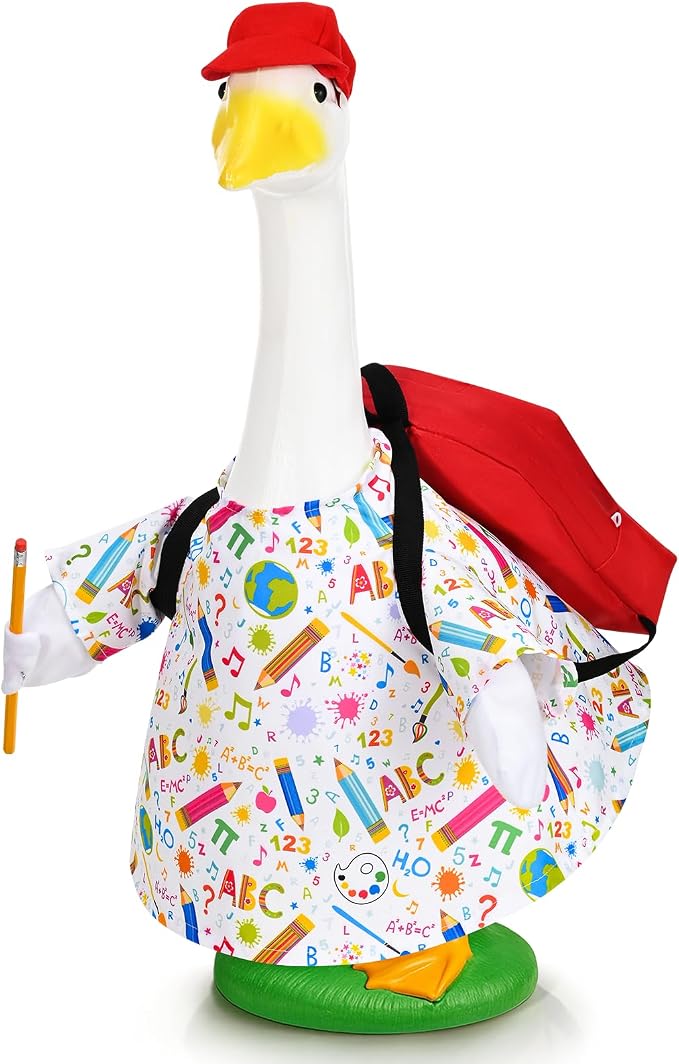 JcHrmers Back to School Porch Goose Outfits School Lawn Geese Clothes Fits 23" Cement Plastic Goose Statue for Classroom Outdoor Garden Yard Patio Decor