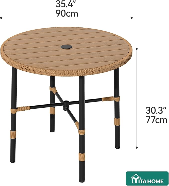 YITAHOME Outdoor Patio Dining Table Round for 4 with 2.2" Umbrella Hole&Adjustable Levelers 35.4" Bistro Table with Metal Frame All-Weather Outdoor Tables for Lawn Backyard Garden
