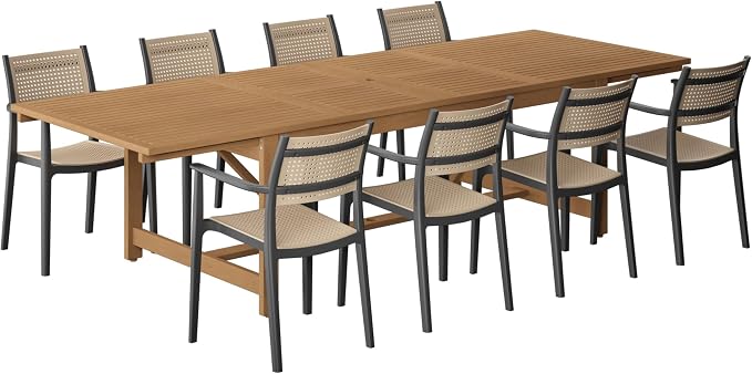 Urban Elements Duete 9-Piece Rectangular Extendable Patio Furniture Set | 100% Certified Teak Finish | Backyard Furniture, Outside Table and Chairs, Rectangular Outdoor Dining Set