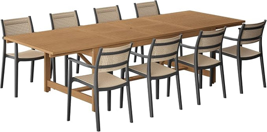 Urban Elements Duete 9-Piece Rectangular Extendable Patio Furniture Set | 100% Certified Teak Finish | Backyard Furniture, Outside Table and Chairs, Rectangular Outdoor Dining Set