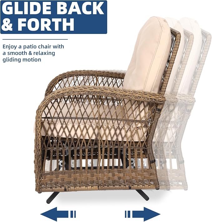 7-Piece Wicker Patio Furniture Sets Outdoor All-Weather Rattan Conversation Set Includes Glider Loveseat, 2 Glass-Top Coffee Tables, 2 Swivel-Gliders Chairs for Porch Backyard, Light Brown