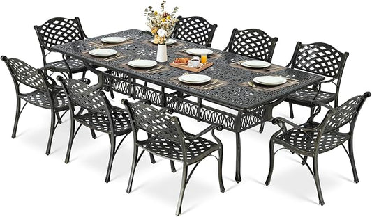 MEETWARM 9-Piece Outdoor Patio Dining Set for 8, All Weather Cast Aluminum Patio Funiture Table and Chairs Set- 94.5” Rectangular Table with 2" Umbrella Hole and 8 Chairs for Garden, Dark Bronze