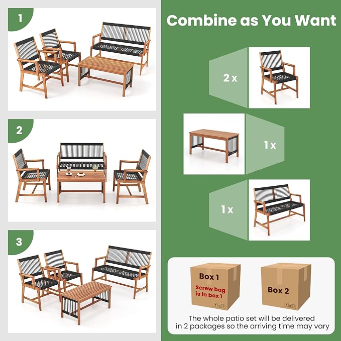 HAPPYGRILL 4 Pieces Patio Furniture Set Acacia Wood Conversation Set with Hand-Woven Rope Design, Ergonomic Loveseat & Single Chairs, Wooden Chair & Table Set for Porch Yard Poolside