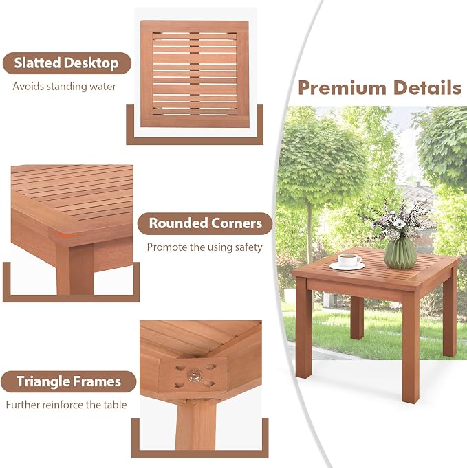HAPPYGRILL Outdoor Side Table Set, Eucalyptus Wood Square End Table, Wood Patio Table with Slatted Tabletop for Backyard Poolside Porch