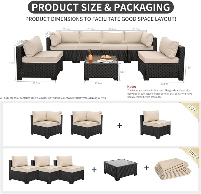 Rattaner 7 Pieces Black Wicker Patio Furniture Conversation Set Outdoor Sectional Sofa Glass Coffee Table with Non-Slip Cushions and Furniture Cover, Khaki