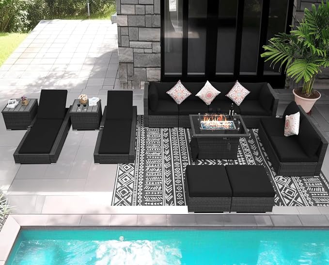 NICESOUL 13 Piece Patio Sectional w/Fire Pit, Modular Wicker Outdoor Couch w/Chaise Lounge, Large Size 29.3'' High-Back Deep Conversation Seating, All-Weather Backyard Movie Furniture, Grey & Black