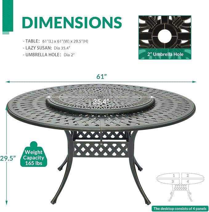 VIVIJASON Outdoor 61" Patio Dining Table for 6-8 Person, Large Patio Round Dining Table with 35.4" Lazy Susan, Dark Bronze Cast Aluminum Rustic Patio Table W/Umbrella Hole for Balcony, Porch and Deck