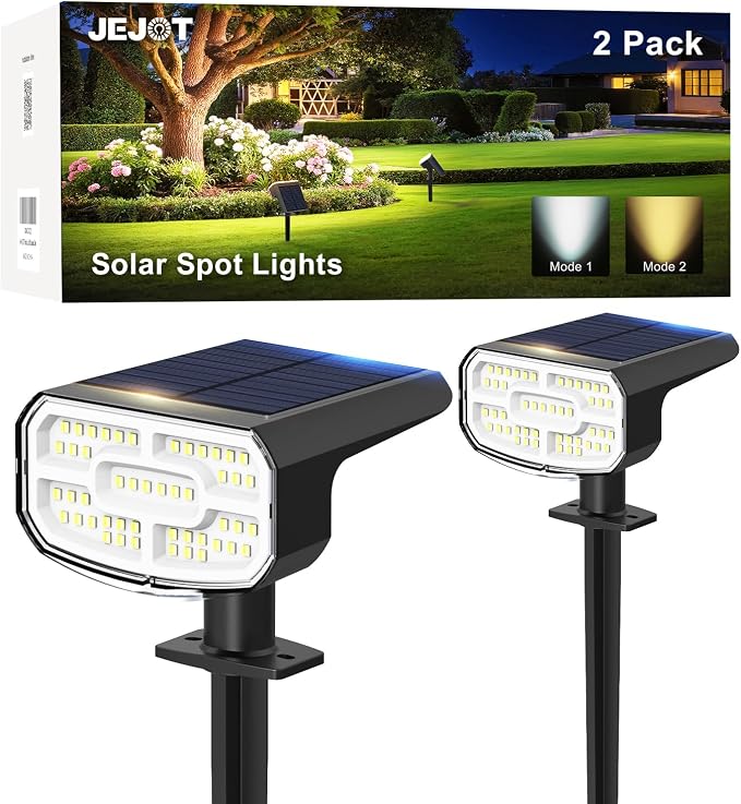 JEJOT Solar Spotlights, Super Bright LED, 2 CCT Warm & Cool Light, Solarspot Lights for Outside Landscape Auto On/Off -2 Pack