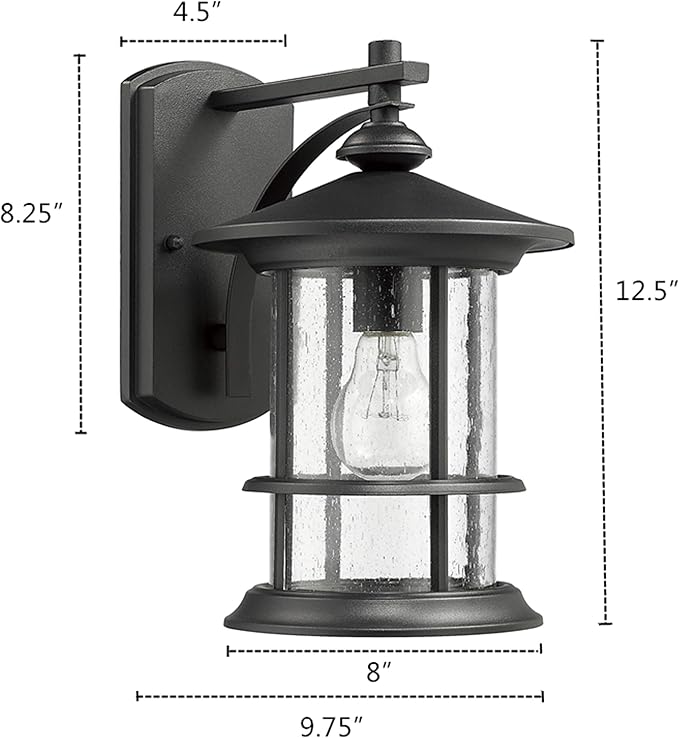 MICSIU 12.5" Modern Farmhouse Textured Black Outdoor Wall Light Fixture | Large Exterior Sconce Light with Clear Seeded Glass, Anti-Rust Porch Light for Front Door, Garage, Patio