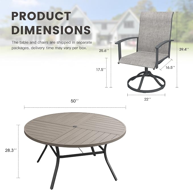 7 Pieces Round Outdoor Table and Chairs Set, Patio Dining Set with 50" Round Spliced Outdoor Table and Patio Swivel Chairs for Backyard Lawn Garden, Grey Table and Grey Chairs