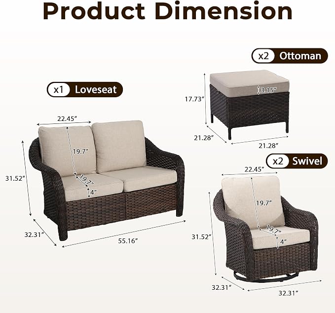 5 Piece Patio Wicker Conversation Set, All-Weather Use Outdoor Wicker Loveseat with 2 PE Rattan Ottomans,2 Swivel Chair, Ideal for Porch, Backyard, Balcony, Poolside, Beige