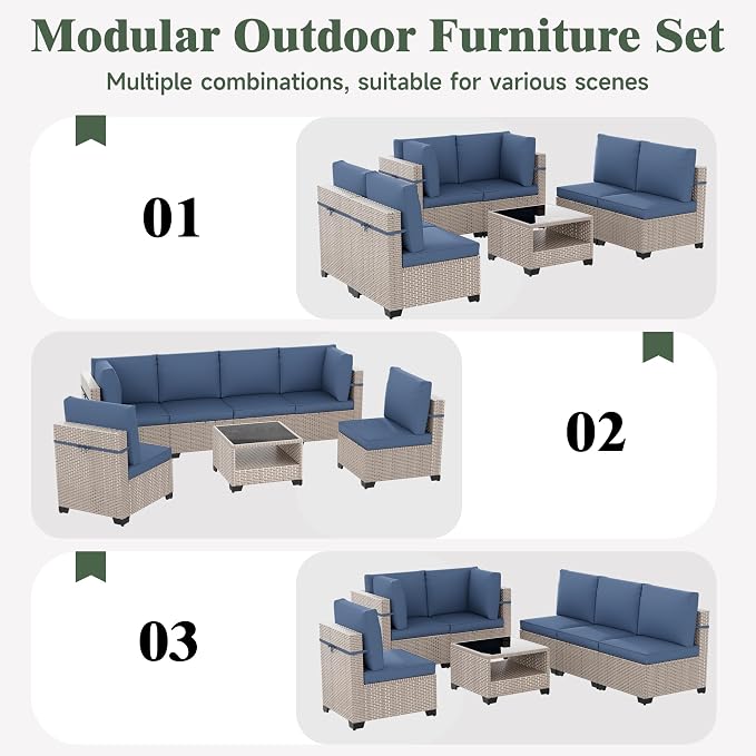 11 Pieces Patio Furniture Set with Fire Pit Table, Outdoor Sectional Wicker Sofa with Thick Cushions, High Back Swivel Rocker Patio Chairs, Rattan Conversation Set with Coffee Table, Navy