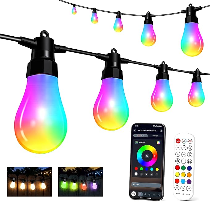 27FT RGBW Outdoor String Lights Shatterproof Dimmable Patio | IP65 Waterproof, 200+ Dynamic Modes, Music Sync, App & Remote Control, Zip Ties Included, -4°F to 158°F Weatherproof
