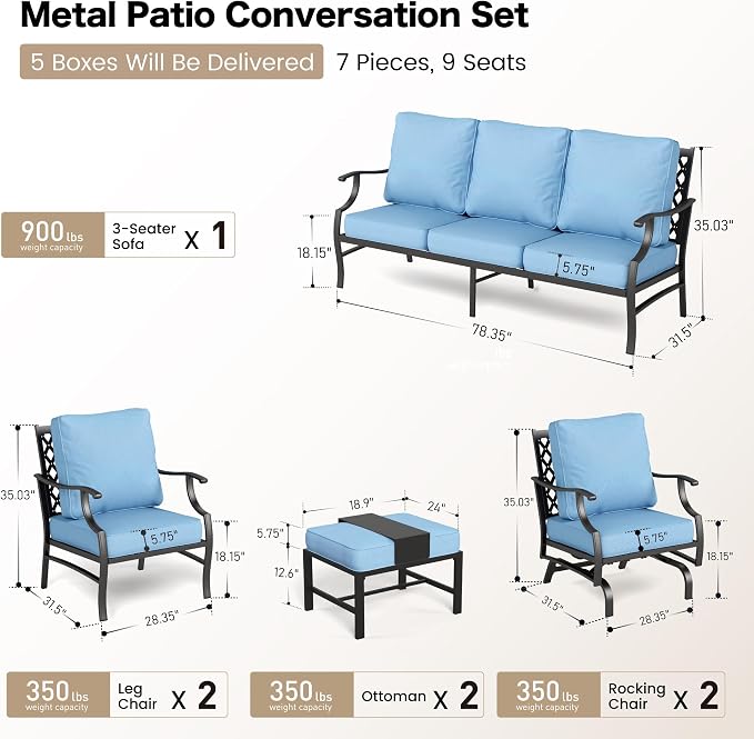 SUNSHINE VALLEY 7 Piece Metal Outdoor Patio Furniture Sets, Patio Conversation Sets 1 3-seater Sofa, 2 Fixed Chair, 2 Rocking Chair, 2 Ottomans with 5.75" Thick Cushion, Black Backyard Furniture, Blue