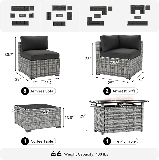 LazySunsets 12-Piece Patio Furniture Set with 44" Fire Pit Table, Wicker Outdoor Furniture, Patio Conversation Sets with Coffee Table, Outdoor Sectional Couch, Black