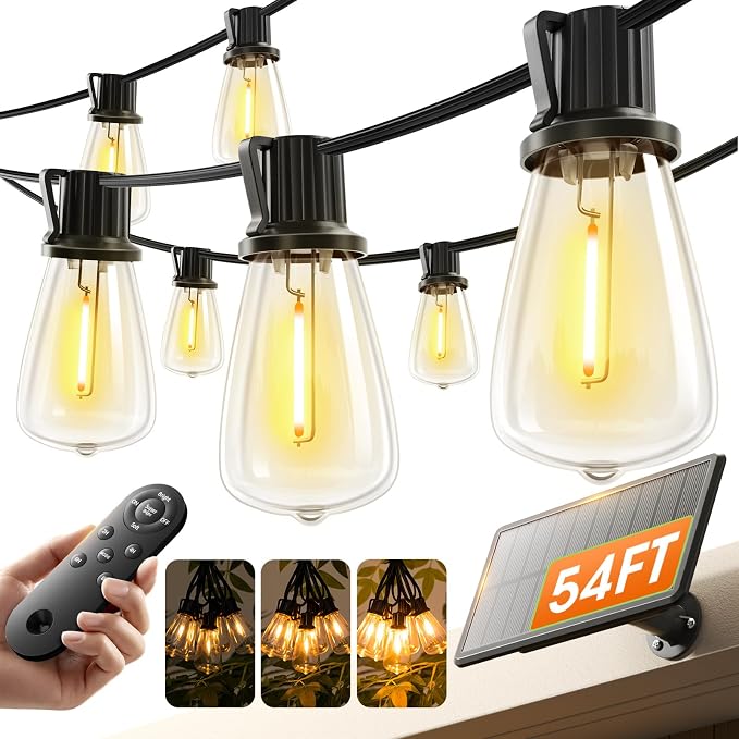 KYY 54FT Solar String Lights Outdoor Waterproof with USB Charging & Remote | Dimmable & Timable, Solar Powered Patio Lights with LED Shatterproof Bulbs for Deck Backyard Porch Garden Camping